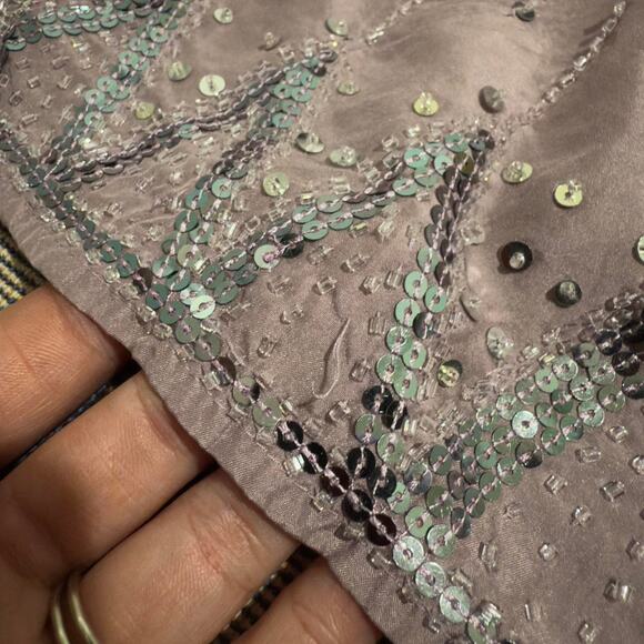 VTG Y2K Old Navy Mauve & Silver Beaded Sequin 100% Silk Smocked Cami Top L - Picture 7 of 8